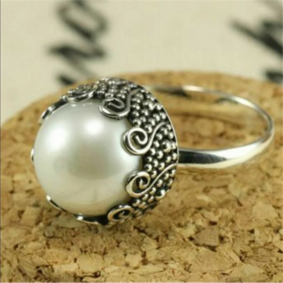 New Vintage 925 Silver White Sapphire Pearl Ring - Picture 2 of 3